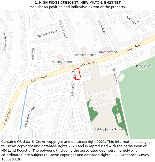 1, HIGH RIDGE CRESCENT, NEW MILTON, BH25 5BT: Location map and indicative extent of plot
