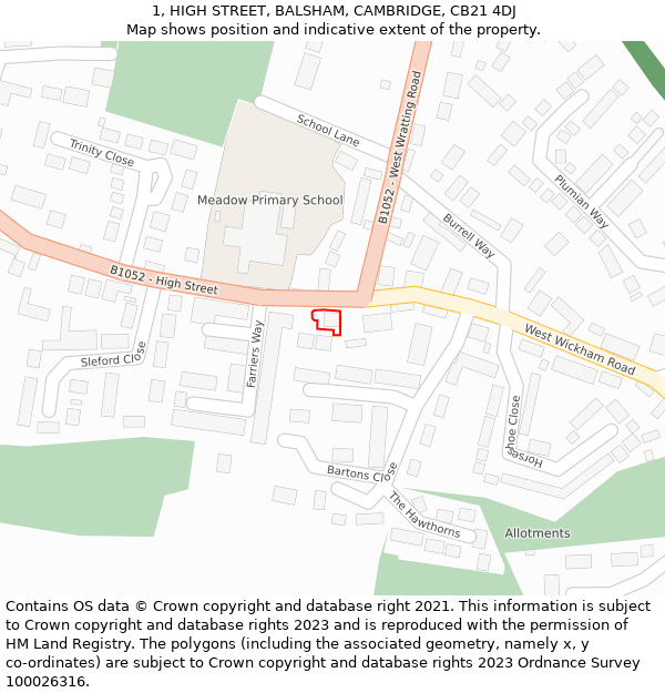 1, HIGH STREET, BALSHAM, CAMBRIDGE, CB21 4DJ: Location map and indicative extent of plot