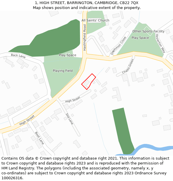 1, HIGH STREET, BARRINGTON, CAMBRIDGE, CB22 7QX: Location map and indicative extent of plot