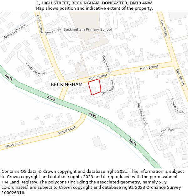 1, HIGH STREET, BECKINGHAM, DONCASTER, DN10 4NW: Location map and indicative extent of plot