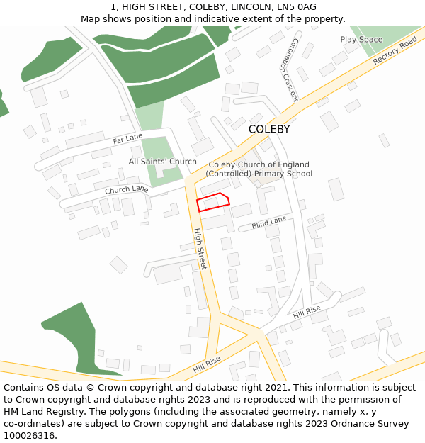 1, HIGH STREET, COLEBY, LINCOLN, LN5 0AG: Location map and indicative extent of plot