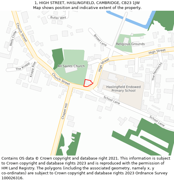 1, HIGH STREET, HASLINGFIELD, CAMBRIDGE, CB23 1JW: Location map and indicative extent of plot