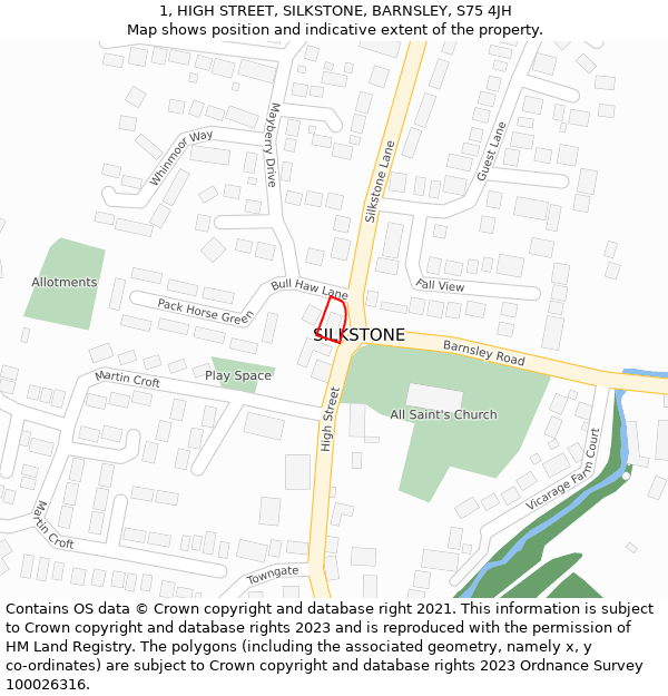 1, HIGH STREET, SILKSTONE, BARNSLEY, S75 4JH: Location map and indicative extent of plot