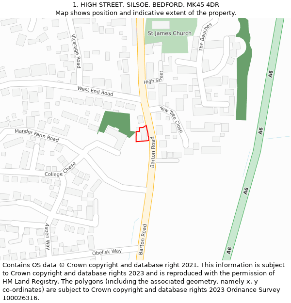 1, HIGH STREET, SILSOE, BEDFORD, MK45 4DR: Location map and indicative extent of plot