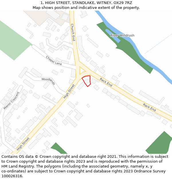 1, HIGH STREET, STANDLAKE, WITNEY, OX29 7RZ: Location map and indicative extent of plot