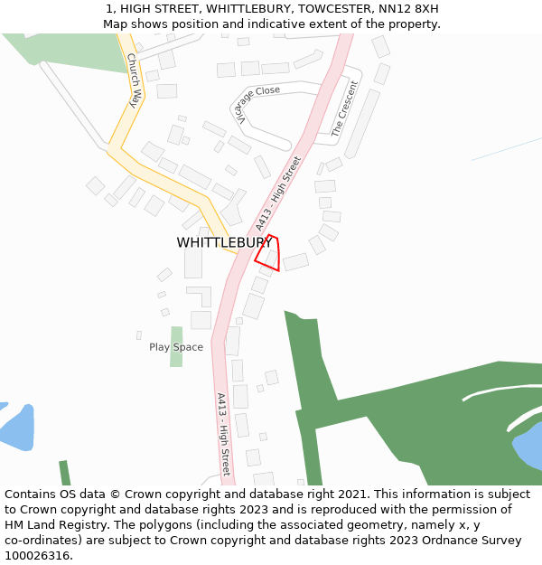 1, HIGH STREET, WHITTLEBURY, TOWCESTER, NN12 8XH: Location map and indicative extent of plot