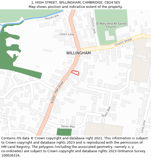 1, HIGH STREET, WILLINGHAM, CAMBRIDGE, CB24 5ES: Location map and indicative extent of plot