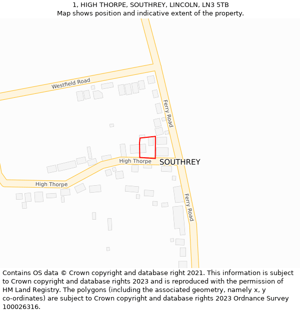 1, HIGH THORPE, SOUTHREY, LINCOLN, LN3 5TB: Location map and indicative extent of plot