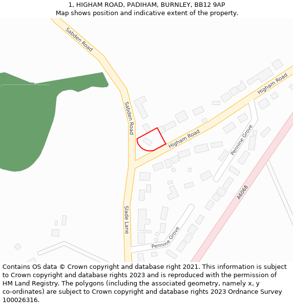 1, HIGHAM ROAD, PADIHAM, BURNLEY, BB12 9AP: Location map and indicative extent of plot