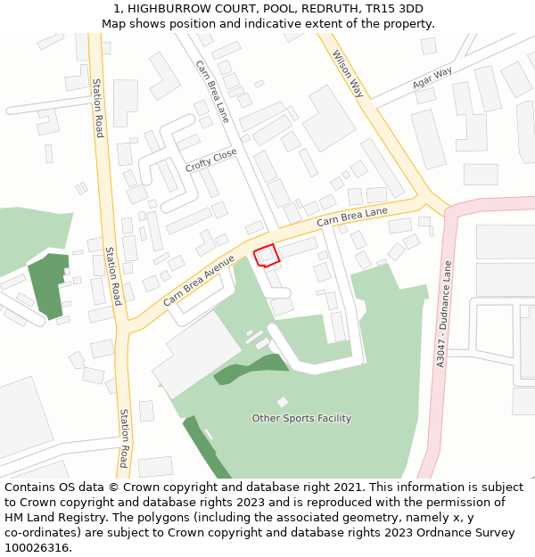 1, HIGHBURROW COURT, POOL, REDRUTH, TR15 3DD: Location map and indicative extent of plot