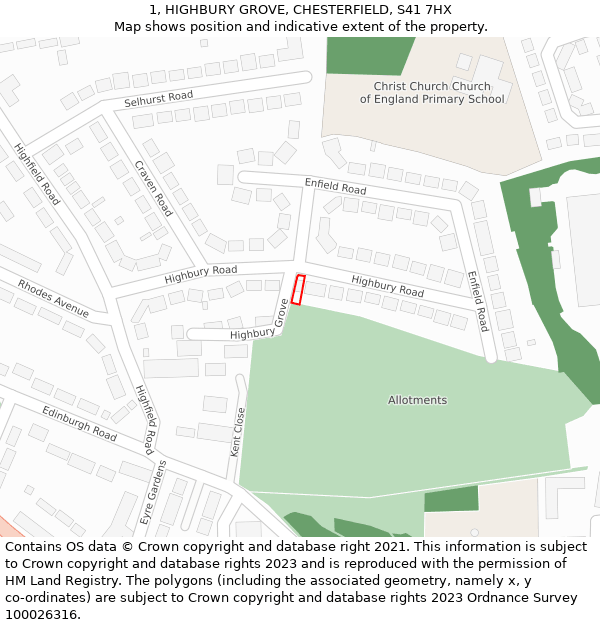 1, HIGHBURY GROVE, CHESTERFIELD, S41 7HX: Location map and indicative extent of plot