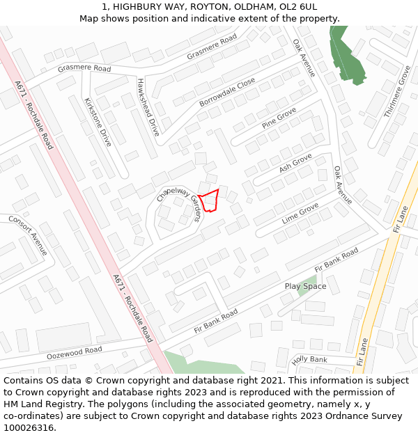 1, HIGHBURY WAY, ROYTON, OLDHAM, OL2 6UL: Location map and indicative extent of plot