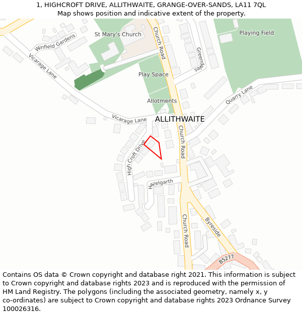 1, HIGHCROFT DRIVE, ALLITHWAITE, GRANGE-OVER-SANDS, LA11 7QL: Location map and indicative extent of plot