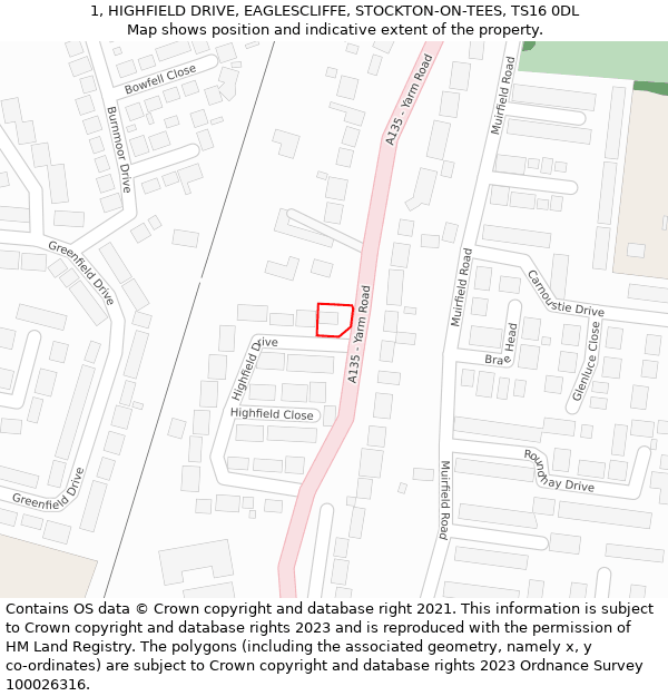 1, HIGHFIELD DRIVE, EAGLESCLIFFE, STOCKTON-ON-TEES, TS16 0DL: Location map and indicative extent of plot