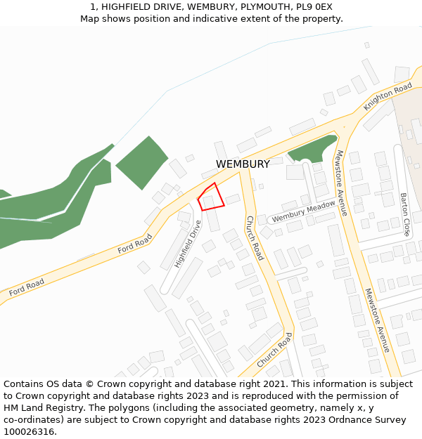 1, HIGHFIELD DRIVE, WEMBURY, PLYMOUTH, PL9 0EX: Location map and indicative extent of plot