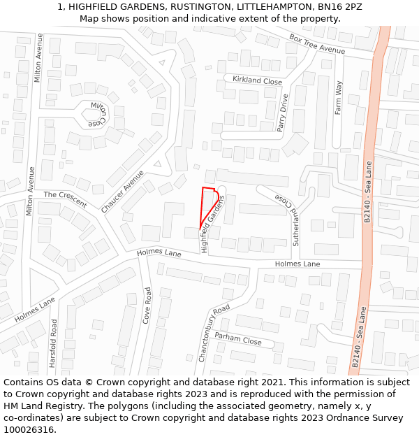 1, HIGHFIELD GARDENS, RUSTINGTON, LITTLEHAMPTON, BN16 2PZ: Location map and indicative extent of plot