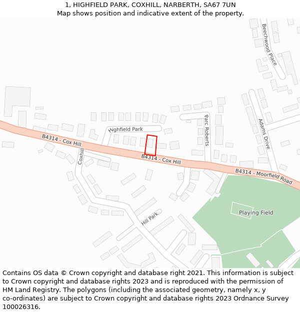 1, HIGHFIELD PARK, COXHILL, NARBERTH, SA67 7UN: Location map and indicative extent of plot