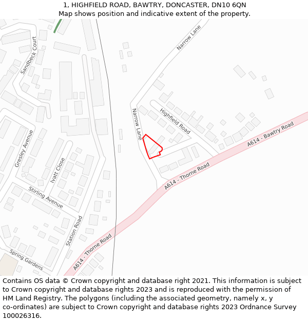 1, HIGHFIELD ROAD, BAWTRY, DONCASTER, DN10 6QN: Location map and indicative extent of plot