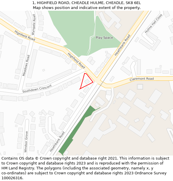 1, HIGHFIELD ROAD, CHEADLE HULME, CHEADLE, SK8 6EL: Location map and indicative extent of plot