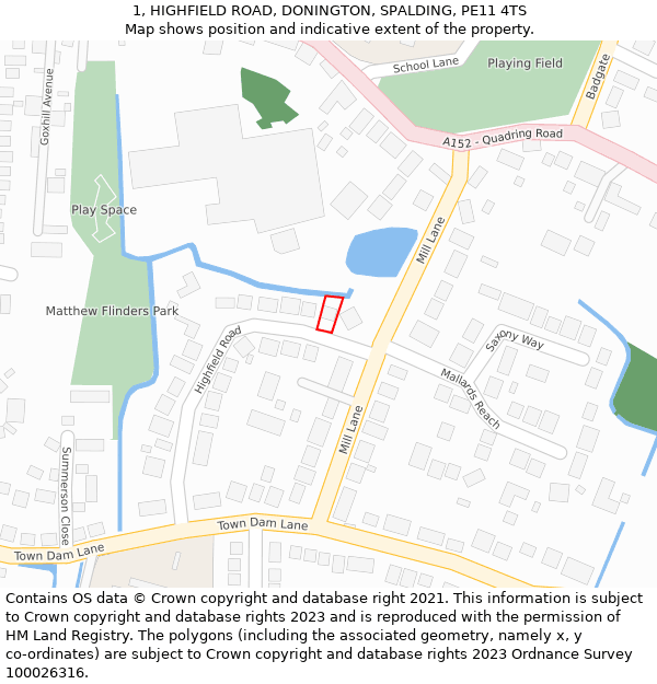 1, HIGHFIELD ROAD, DONINGTON, SPALDING, PE11 4TS: Location map and indicative extent of plot