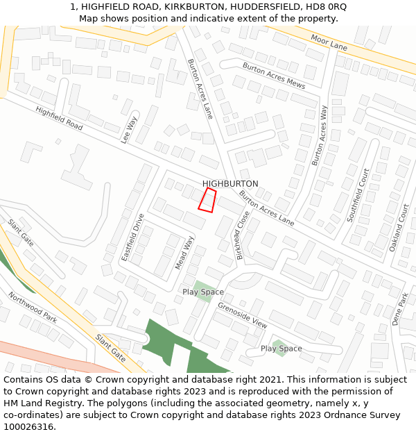 1, HIGHFIELD ROAD, KIRKBURTON, HUDDERSFIELD, HD8 0RQ: Location map and indicative extent of plot