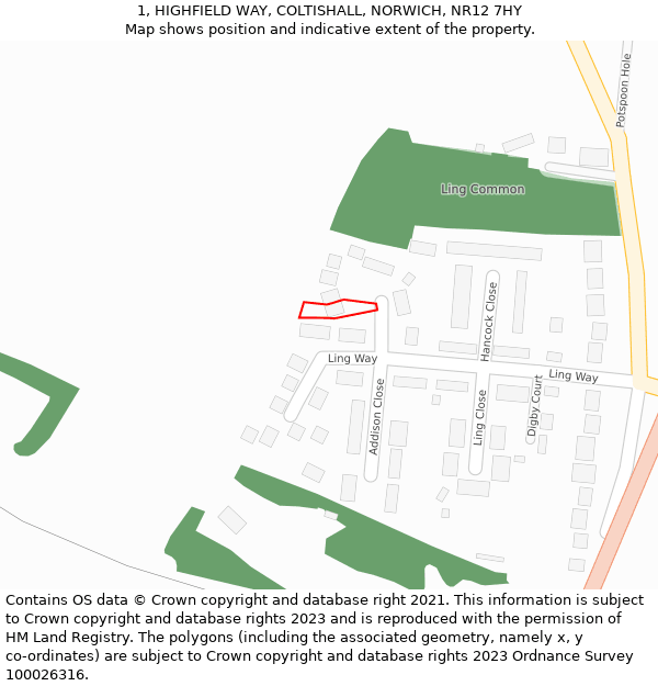 1, HIGHFIELD WAY, COLTISHALL, NORWICH, NR12 7HY: Location map and indicative extent of plot