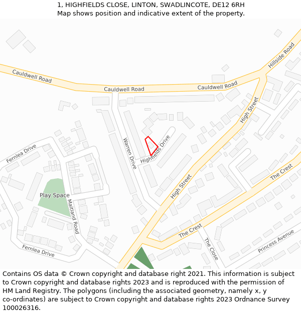 1, HIGHFIELDS CLOSE, LINTON, SWADLINCOTE, DE12 6RH: Location map and indicative extent of plot