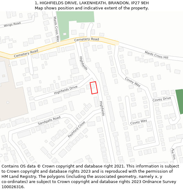 1, HIGHFIELDS DRIVE, LAKENHEATH, BRANDON, IP27 9EH: Location map and indicative extent of plot