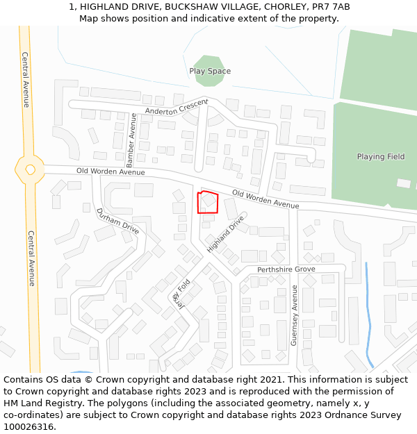 1, HIGHLAND DRIVE, BUCKSHAW VILLAGE, CHORLEY, PR7 7AB: Location map and indicative extent of plot