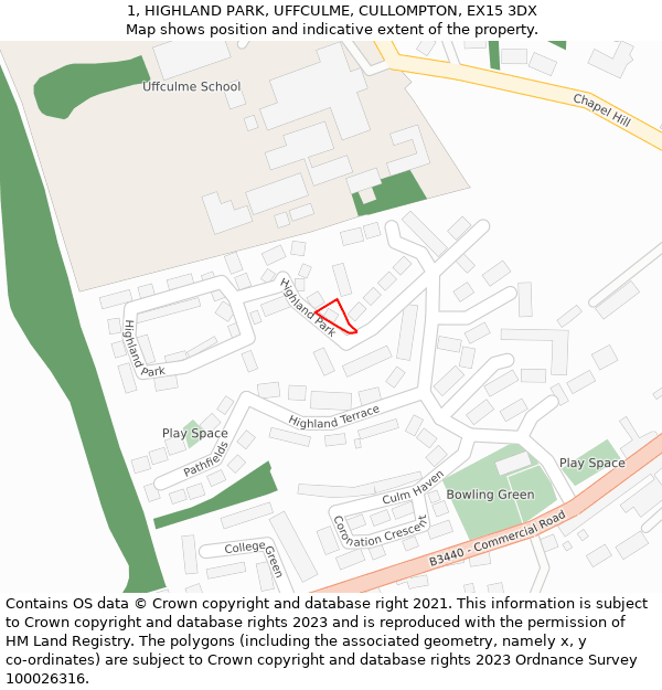 1, HIGHLAND PARK, UFFCULME, CULLOMPTON, EX15 3DX: Location map and indicative extent of plot