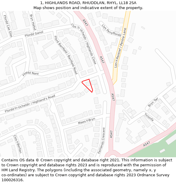 1, HIGHLANDS ROAD, RHUDDLAN, RHYL, LL18 2SA: Location map and indicative extent of plot