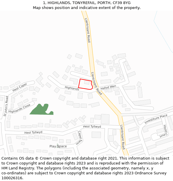 1, HIGHLANDS, TONYREFAIL, PORTH, CF39 8YG: Location map and indicative extent of plot