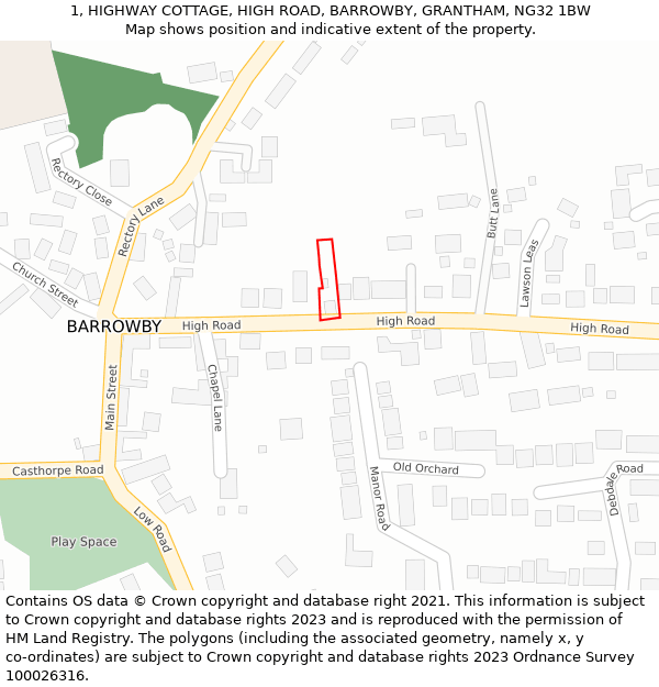 1, HIGHWAY COTTAGE, HIGH ROAD, BARROWBY, GRANTHAM, NG32 1BW: Location map and indicative extent of plot
