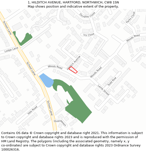 1, HILDITCH AVENUE, HARTFORD, NORTHWICH, CW8 1SN: Location map and indicative extent of plot