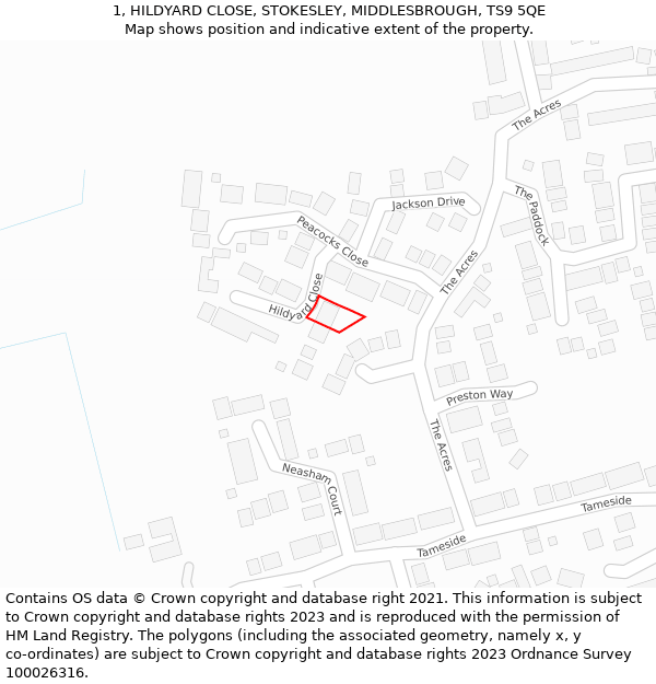 1, HILDYARD CLOSE, STOKESLEY, MIDDLESBROUGH, TS9 5QE: Location map and indicative extent of plot