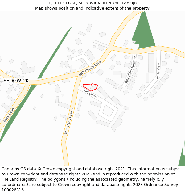 1, HILL CLOSE, SEDGWICK, KENDAL, LA8 0JR: Location map and indicative extent of plot