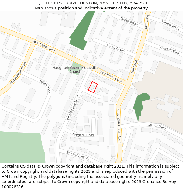 1, HILL CREST DRIVE, DENTON, MANCHESTER, M34 7GH: Location map and indicative extent of plot