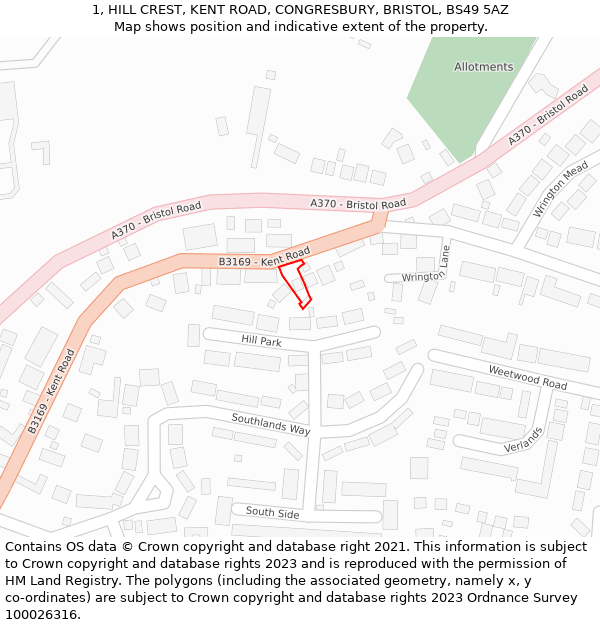 1, HILL CREST, KENT ROAD, CONGRESBURY, BRISTOL, BS49 5AZ: Location map and indicative extent of plot