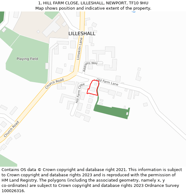 1, HILL FARM CLOSE, LILLESHALL, NEWPORT, TF10 9HU: Location map and indicative extent of plot