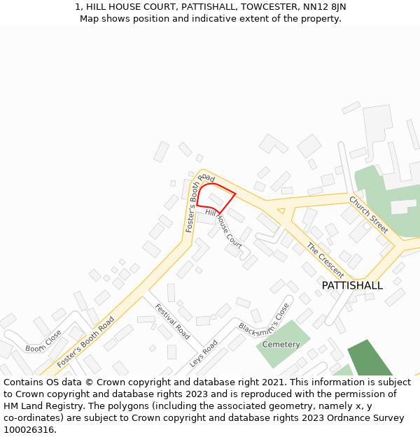 1, HILL HOUSE COURT, PATTISHALL, TOWCESTER, NN12 8JN: Location map and indicative extent of plot