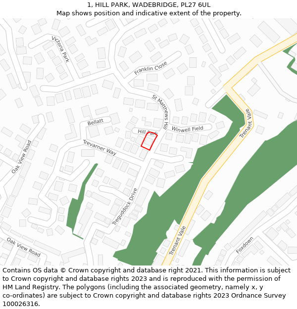 1, HILL PARK, WADEBRIDGE, PL27 6UL: Location map and indicative extent of plot