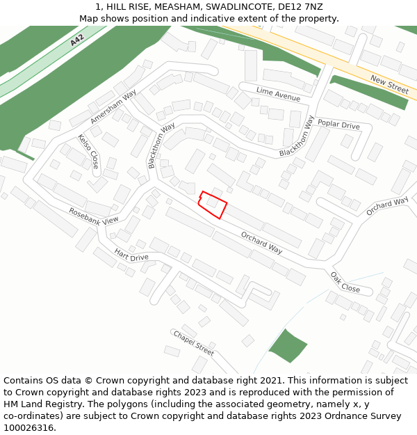 1, HILL RISE, MEASHAM, SWADLINCOTE, DE12 7NZ: Location map and indicative extent of plot