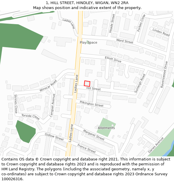 1, HILL STREET, HINDLEY, WIGAN, WN2 2RA: Location map and indicative extent of plot