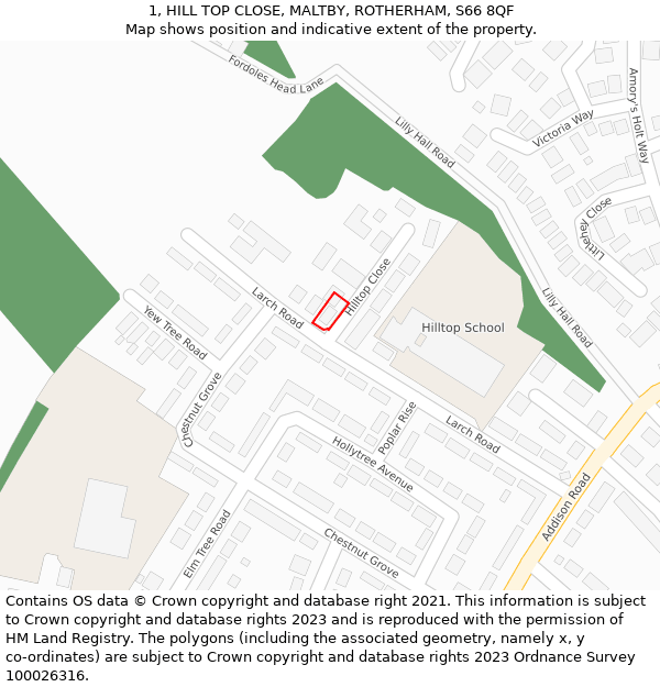 1, HILL TOP CLOSE, MALTBY, ROTHERHAM, S66 8QF: Location map and indicative extent of plot