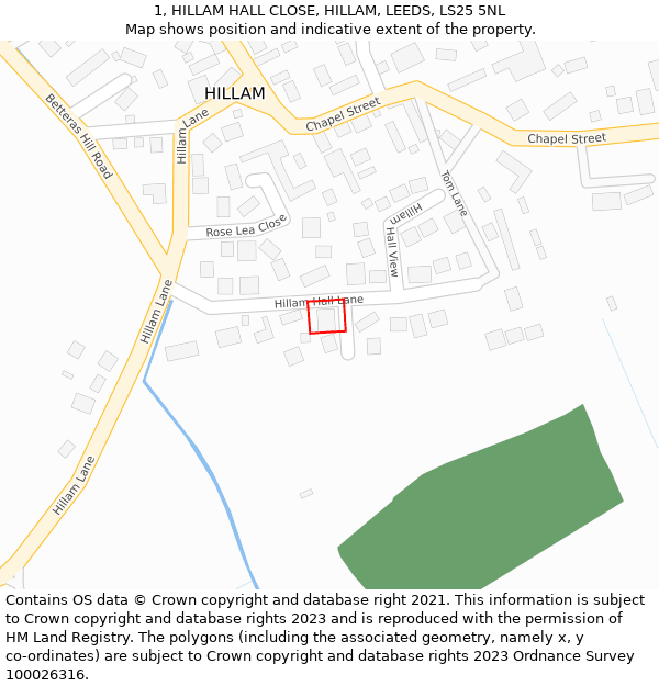 1, HILLAM HALL CLOSE, HILLAM, LEEDS, LS25 5NL: Location map and indicative extent of plot