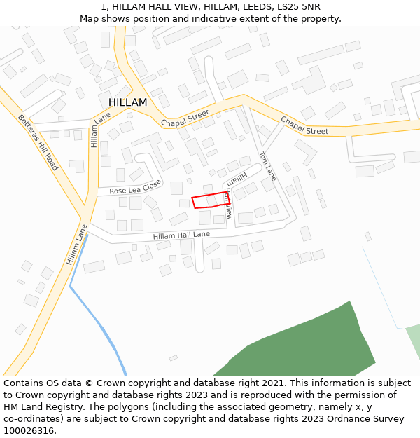1, HILLAM HALL VIEW, HILLAM, LEEDS, LS25 5NR: Location map and indicative extent of plot