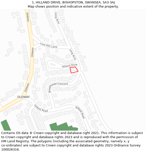 1, HILLAND DRIVE, BISHOPSTON, SWANSEA, SA3 3AJ: Location map and indicative extent of plot