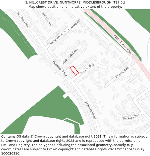 1, HILLCREST DRIVE, NUNTHORPE, MIDDLESBROUGH, TS7 0LJ: Location map and indicative extent of plot