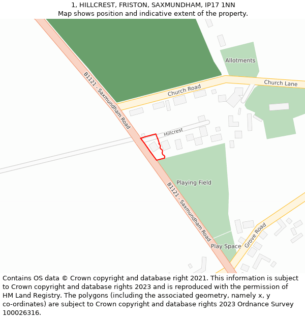 1, HILLCREST, FRISTON, SAXMUNDHAM, IP17 1NN: Location map and indicative extent of plot