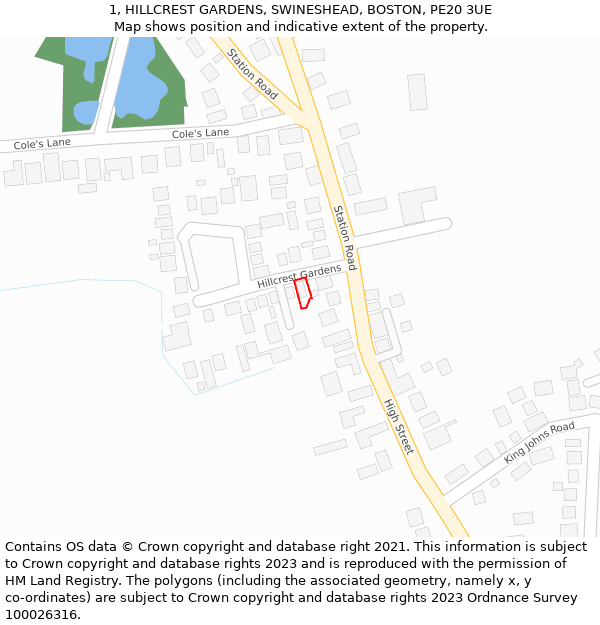 1, HILLCREST GARDENS, SWINESHEAD, BOSTON, PE20 3UE: Location map and indicative extent of plot